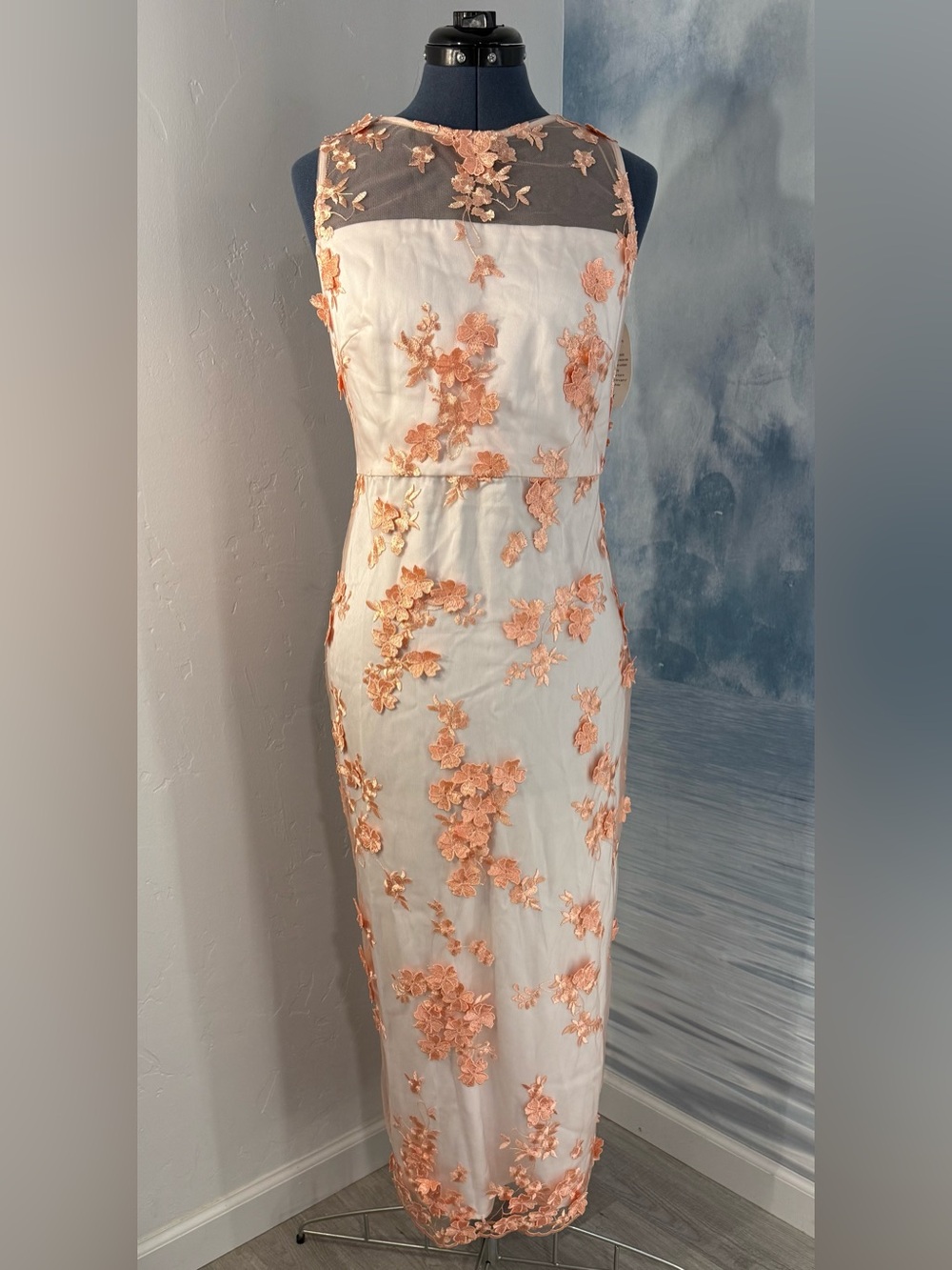 Fehaute  Midi Dress with Peach Floral Appliqué#333